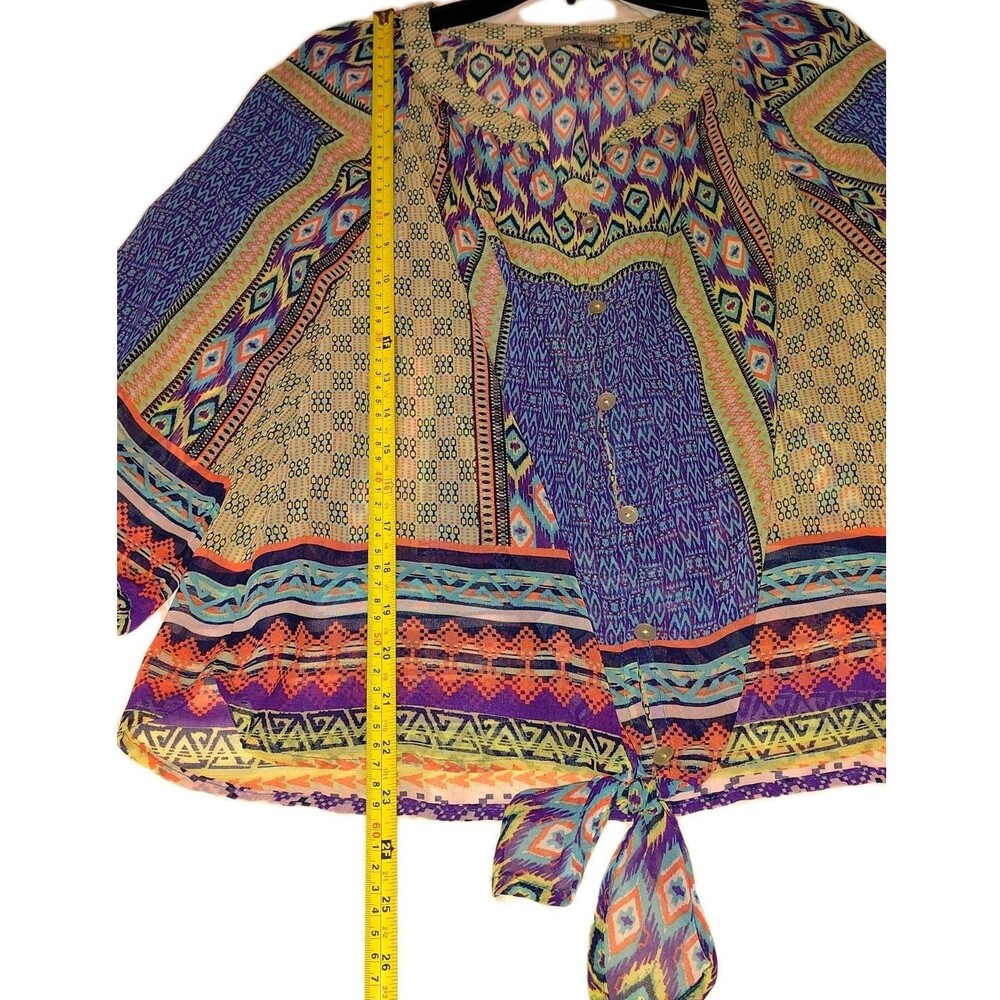 Figuier Flower Dillard's Petite Large Boho Geometric Tie Front Blouse NWT PL - Picture 5 of 9